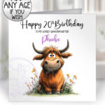 personalised highland cow & wildflowers birthday greetings card