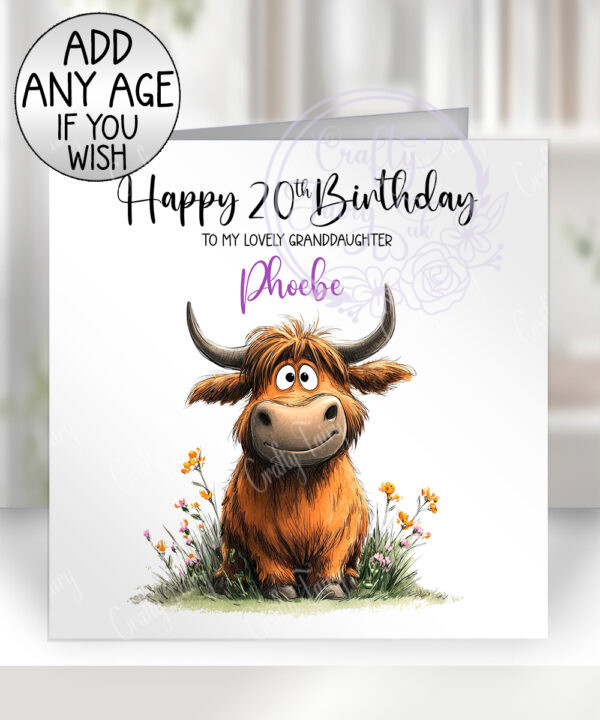 personalised highland cow & wildflowers birthday greetings card