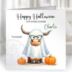 personalised highland cow ghost halloween greetings card