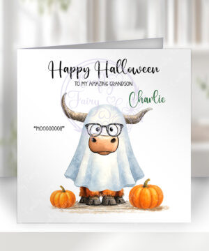 personalised highland cow ghost halloween greetings card