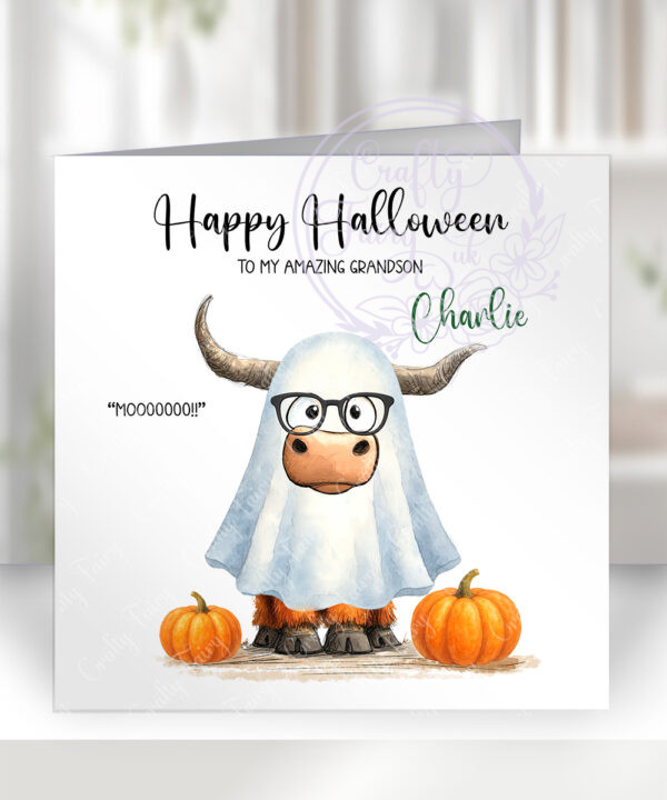 personalised highland cow ghost halloween greetings card