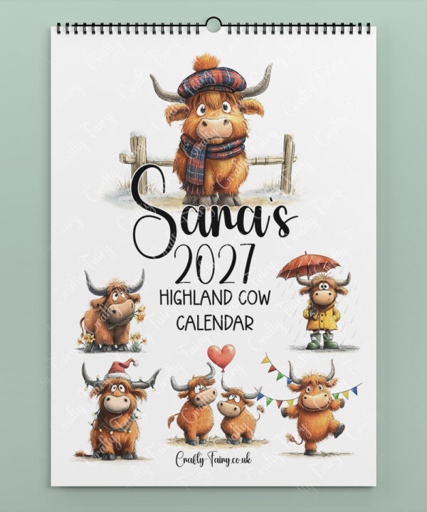 personalised quirky highland cow 2026 calendar