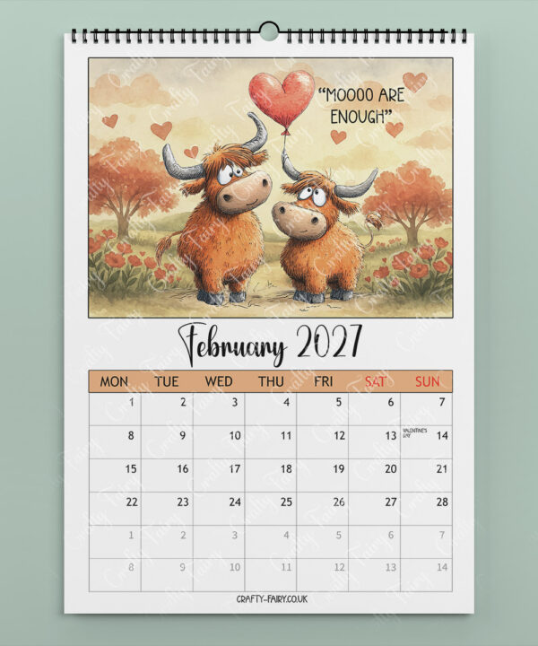 personalised quirky highland cow 2026 calendar