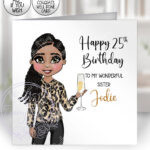 personalised lady in leopard print top & trousers birthday or well done card