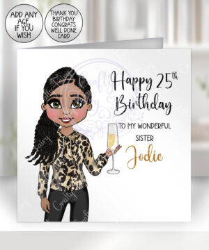 personalised lady in leopard print top & trousers birthday or well done card