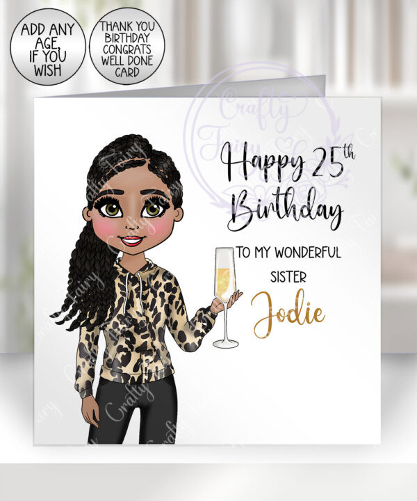 personalised lady in leopard print top & trousers birthday or well done card