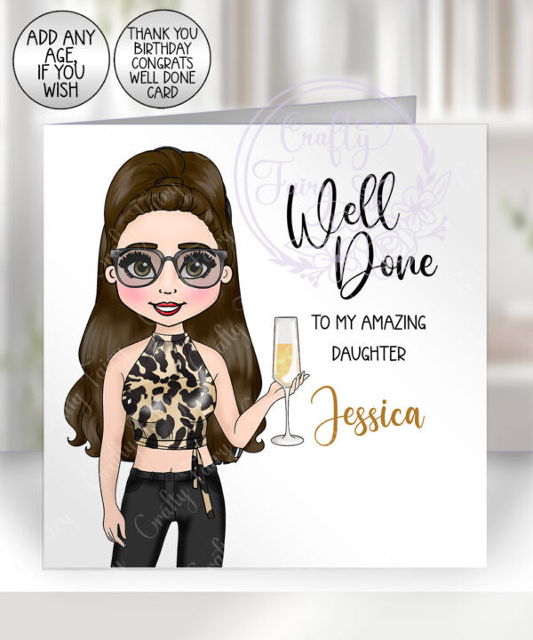 personalised lady in leopard print top & trousers birthday or well done card
