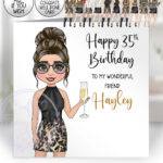 personalised lady in leopard print top & skirt birthday or congratulations card