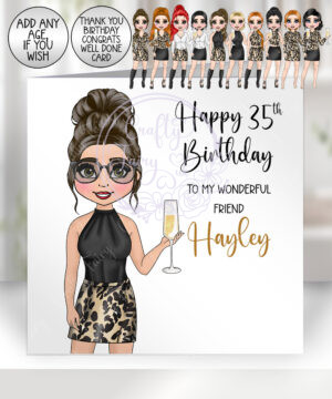 personalised lady in leopard print top & skirt birthday or congratulations card
