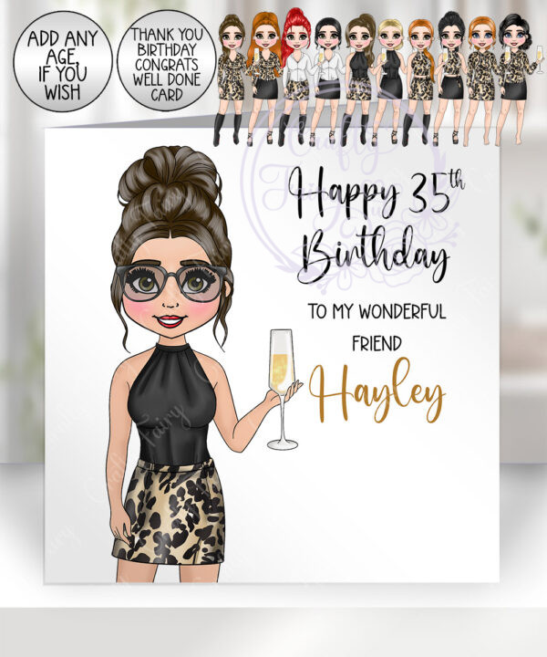 personalised lady in leopard print top & skirt birthday or congratulations card