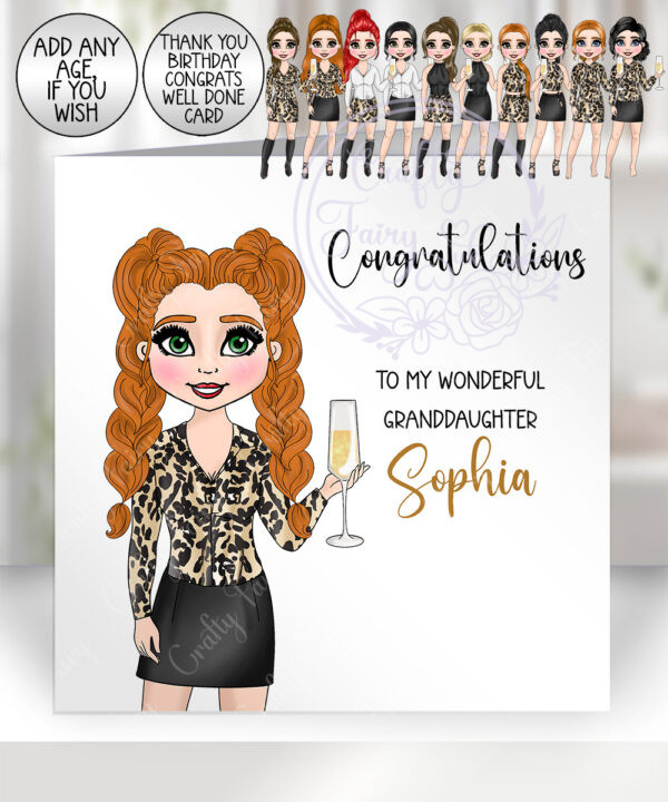personalised lady in leopard print top & skirt birthday or congratulations card