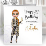 personalised lady in leopard print jacket birthday or thank you card
