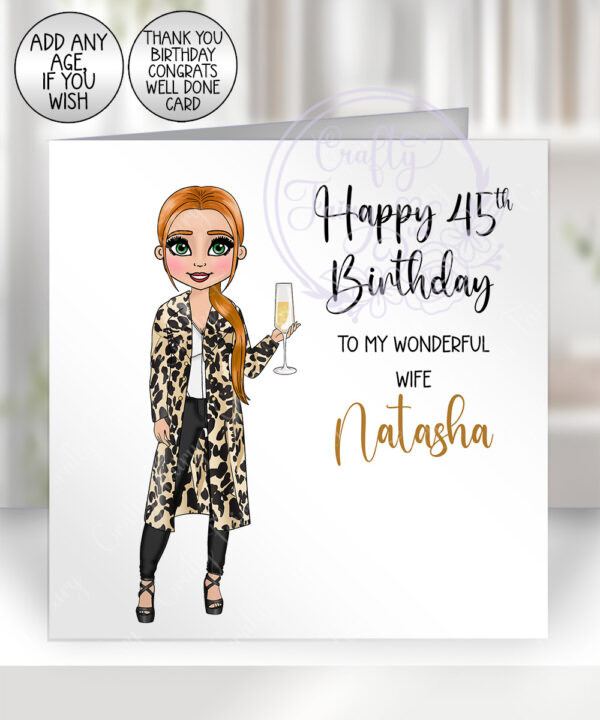 personalised lady in leopard print jacket birthday or thank you card