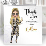 personalised lady in leopard print jacket birthday or thank you card