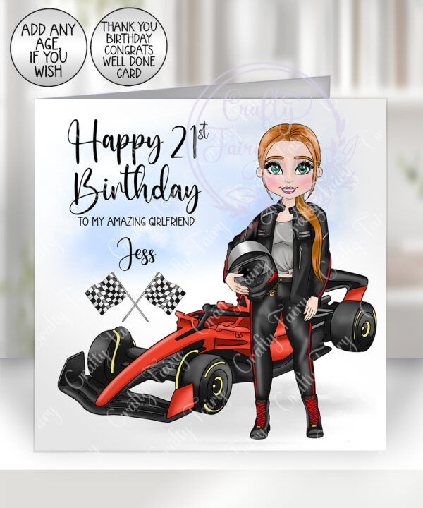 3524 personalised racing car driver lady birthday card 1