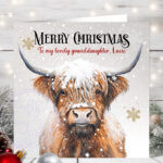 personalised highland cow in snow merry christmas card