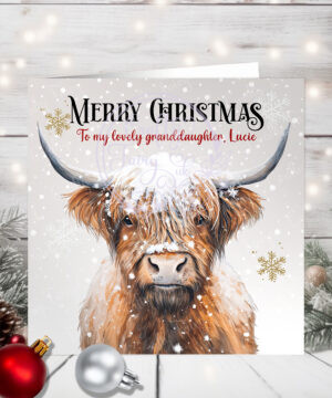 personalised highland cow in snow merry christmas card