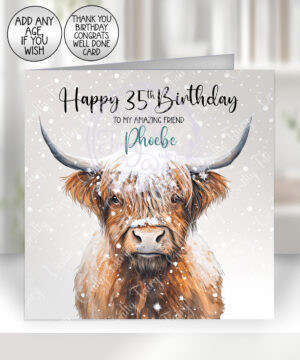 personalised highland cow in snow birthday card