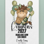 personalised colourful highland cow 2026 calendar