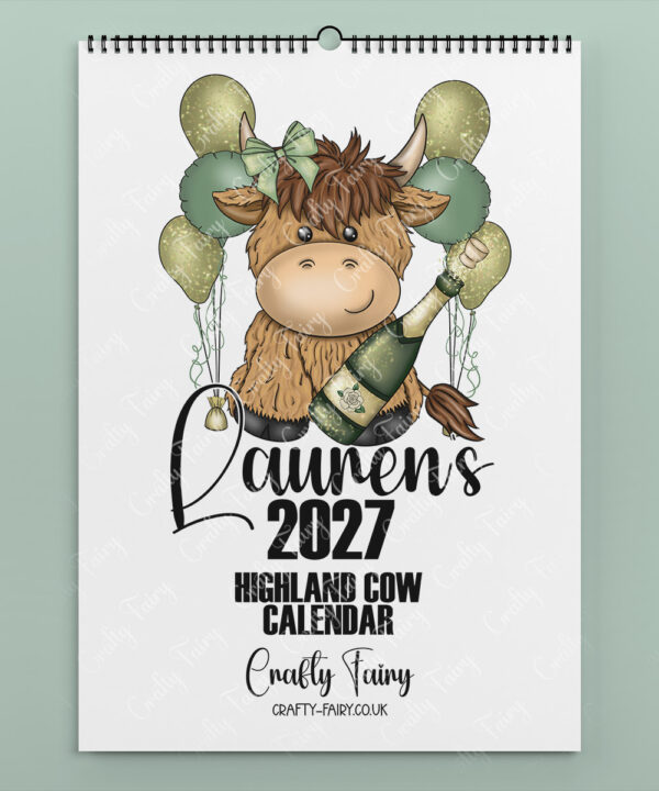 personalised colourful highland cow 2026 calendar