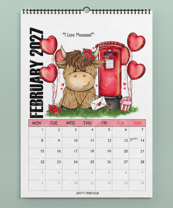 personalised colourful highland cow 2026 calendar