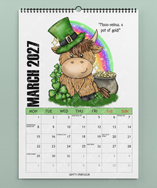 personalised colourful highland cow 2026 calendar