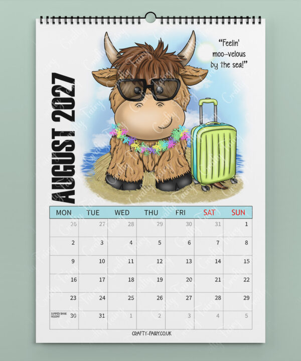 personalised colourful highland cow 2026 calendar