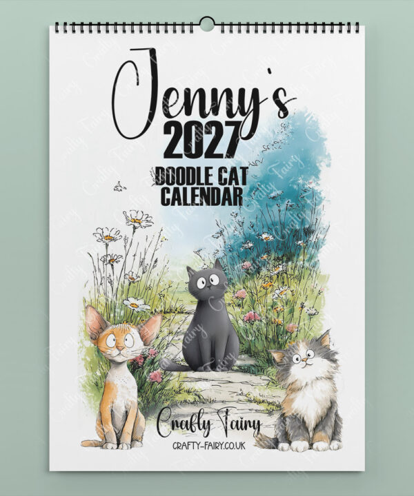 personalised colourful doodle cats 2026 calendar