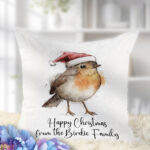 personalised cute santa robin square cushion christmas gift