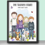 personalised doodle family mum dad children baby dogs & cats garden printed image