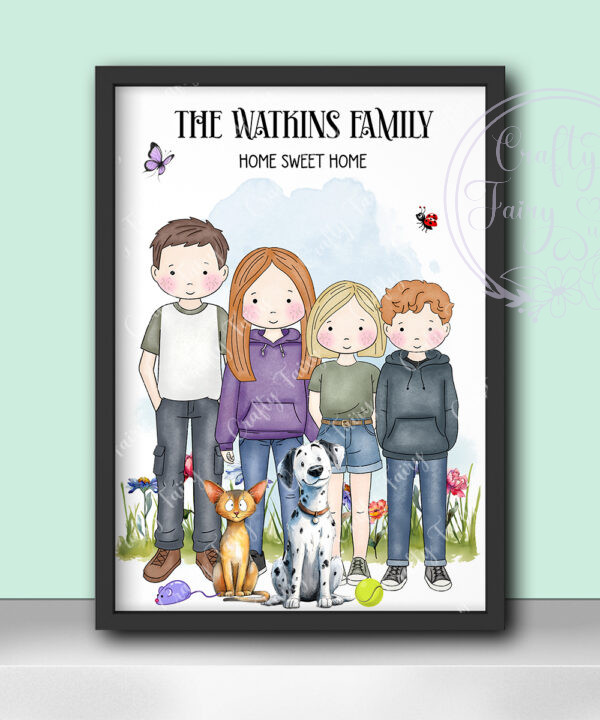 personalised doodle family mum dad children baby dogs & cats garden printed image