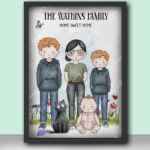 personalised doodle family mum dad children baby dogs & cats garden printed image