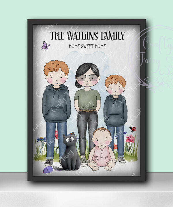 personalised doodle family mum dad children baby dogs & cats garden printed image