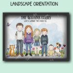personalised doodle family mum dad children baby dogs & cats garden printed image