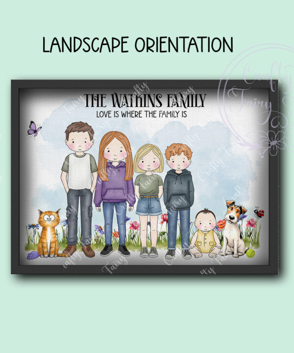 personalised doodle family mum dad children baby dogs & cats garden printed image
