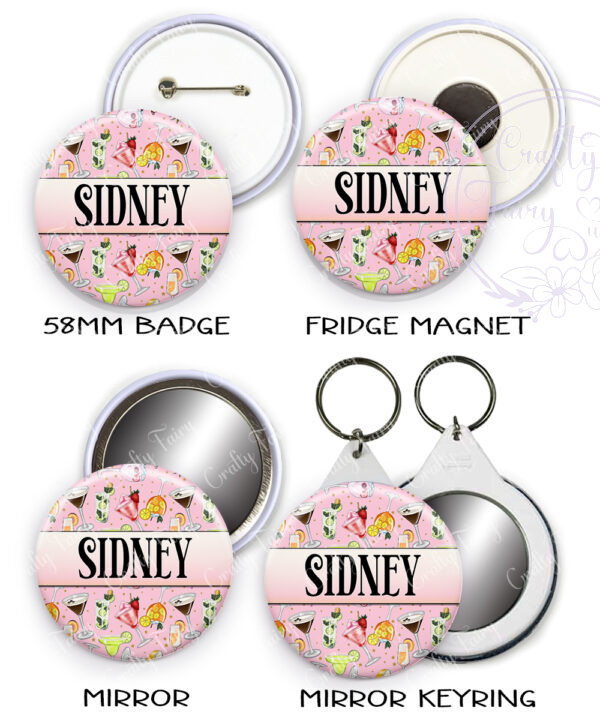 personalised colourful cocktails badge mirror or fridge magnet