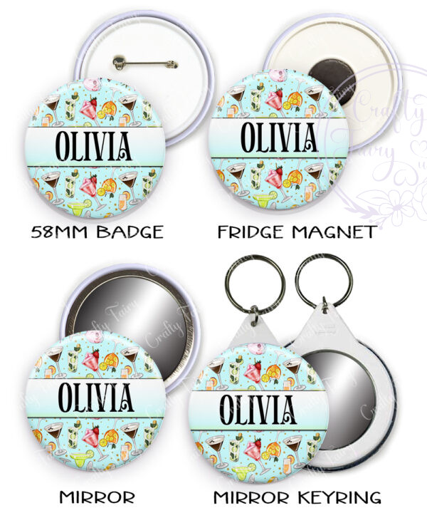personalised colourful cocktails badge mirror or fridge magnet