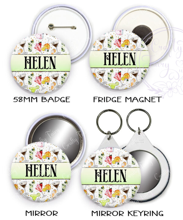 personalised colourful cocktails badge mirror or fridge magnet