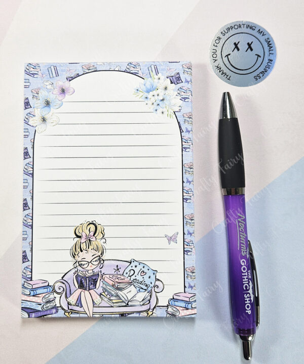 whimsical book lover lady a6 memo notes to do list notepad stationery