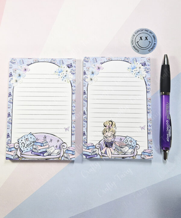 whimsical book lover lady a6 memo notes to do list notepad stationery