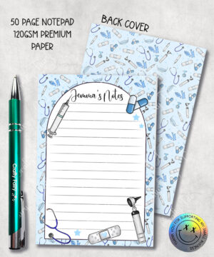 nurse equipment print blue a6 memo notes notepad with option to personalise