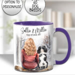 personalised lady or man & dog snowy winter scene mug gift lots of dog breeds