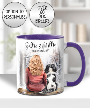personalised lady or man & dog snowy winter scene mug gift lots of dog breeds