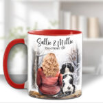 personalised lady or man & dog snowy winter scene mug gift lots of dog breeds