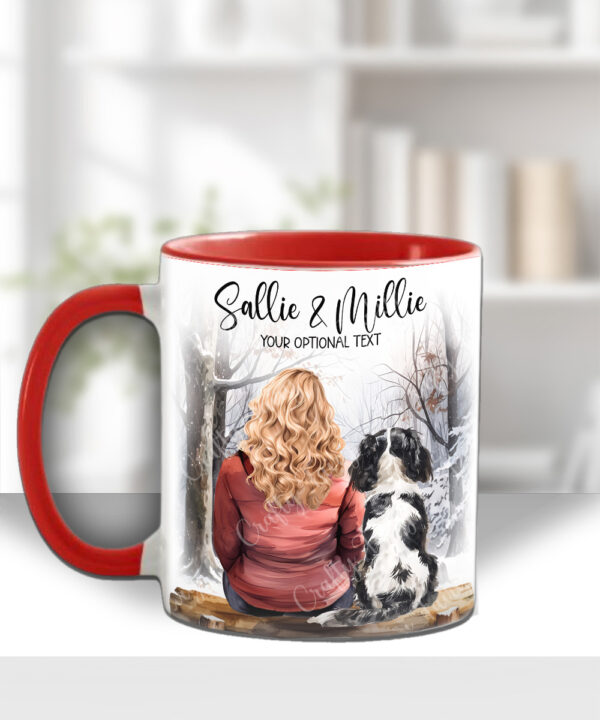 personalised lady or man & dog snowy winter scene mug gift lots of dog breeds