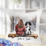 personalised lady or man & dog snowy winter scene velvet cushion gift lots of dog breeds