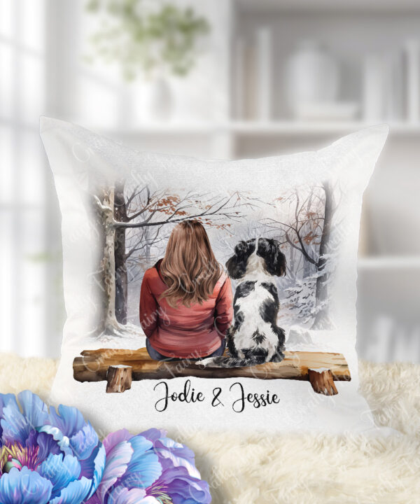 personalised lady or man & dog snowy winter scene velvet cushion gift lots of dog breeds