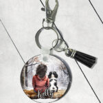 personalised lady or man & dog snowy winter scene mdf keyring / bag tag lots of dog breeds