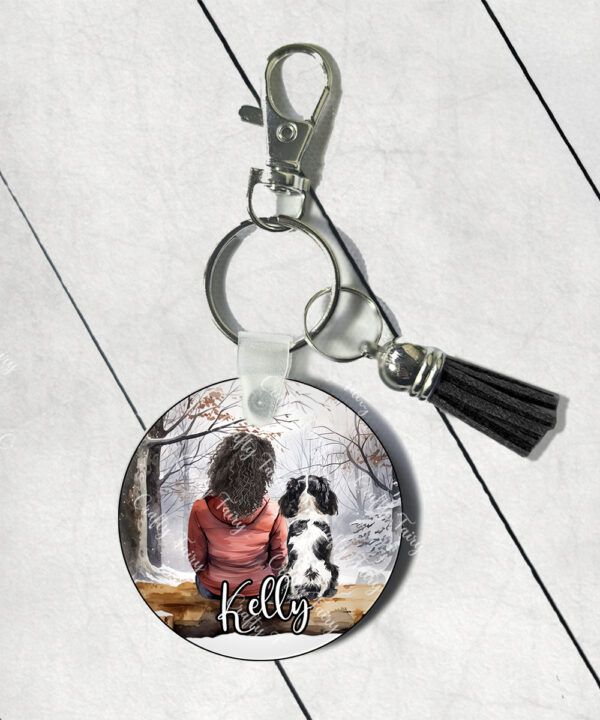 personalised lady or man & dog snowy winter scene mdf keyring / bag tag lots of dog breeds