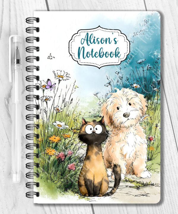 personalised doodle dogs & cats flower garden a5 notebook gift lots of breeds